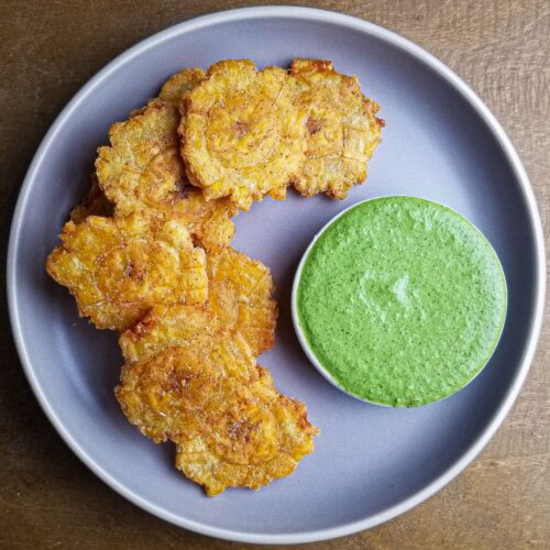 Fried Green Plantains with Cilantro-Jalapeño Sauce - Ian Benites