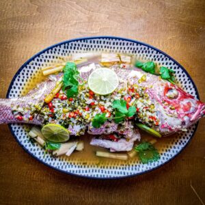 Thai Steamed Whole Fish with Garlic, Chili and Lime - Pla Neung Manao - ปลานึ่งมะนาว