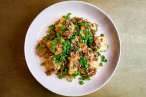 Braised Tofu with Pork, Garlic, and Pickled Chili