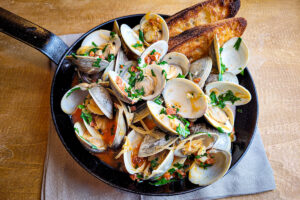 Steamed Littleneck Clams with Chorizo, Garlic and White Wine