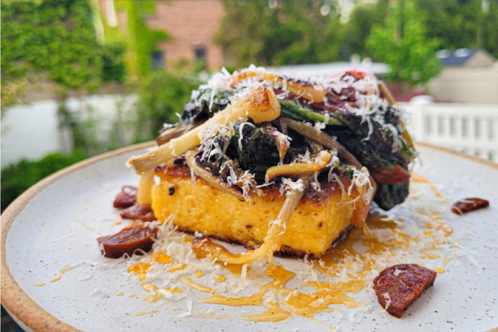 Charred Ramps with Crispy Polenta, Chorizo, and Hot Honey - Ian Benites
