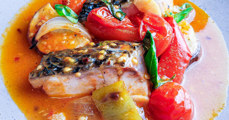 Braised Fish with Cherry Tomatoes, Garlic, and Basil