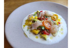 Fluke Ceviche with Coconut Milk, Corn, and Tomatoes