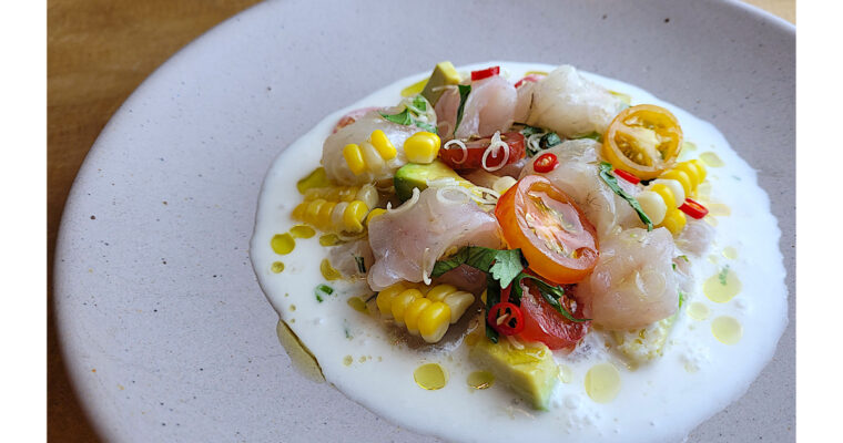 Fluke Ceviche with Coconut Milk, Corn, and Tomatoes