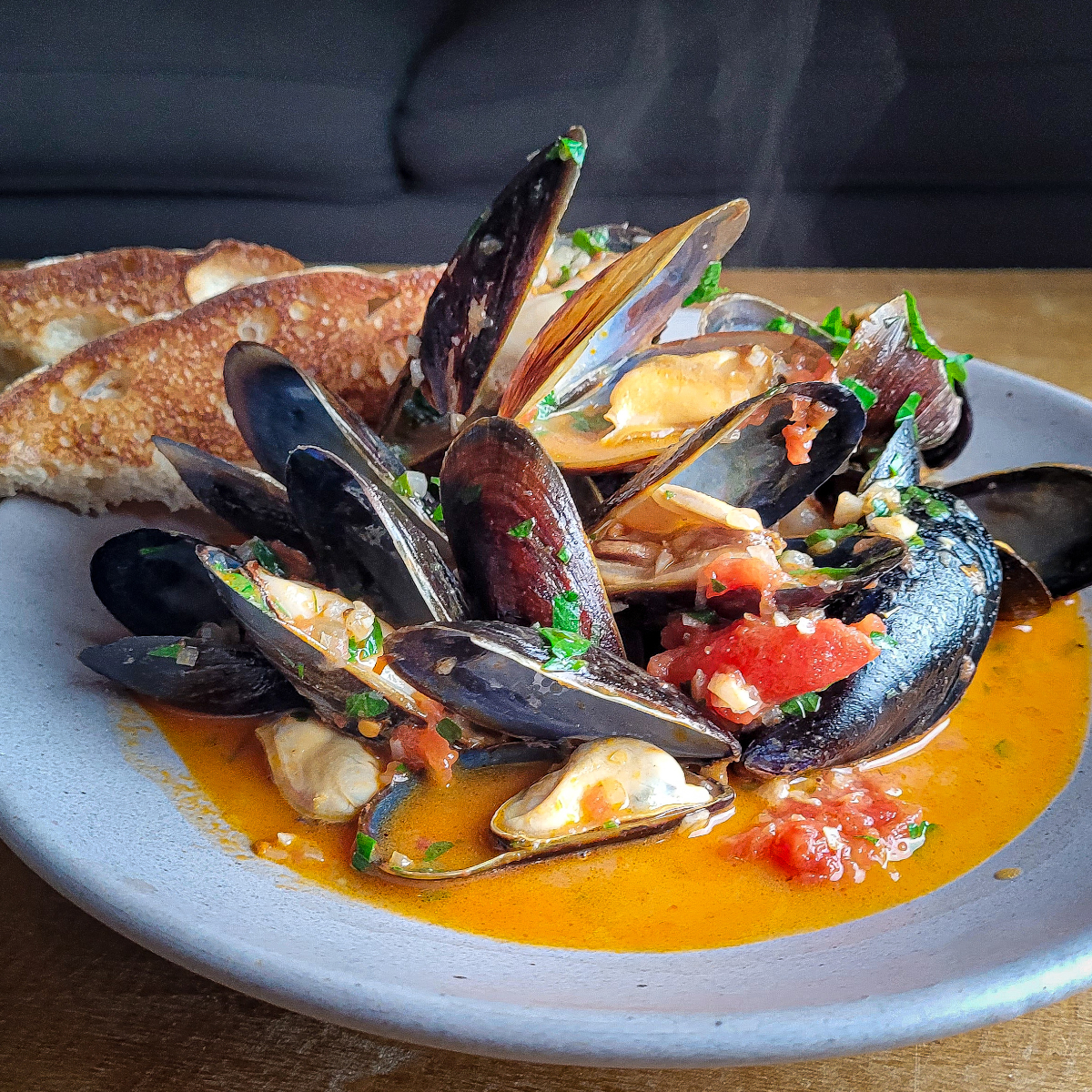 Steamed Mussels with Garlic, Tomato, and Calabrian Chili Pepper